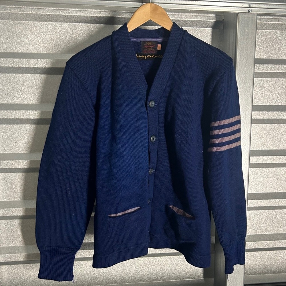 VINTAGE Kandel Cardigan Mens Blue Wool Shawl Collar Varsity Letterman Stripe